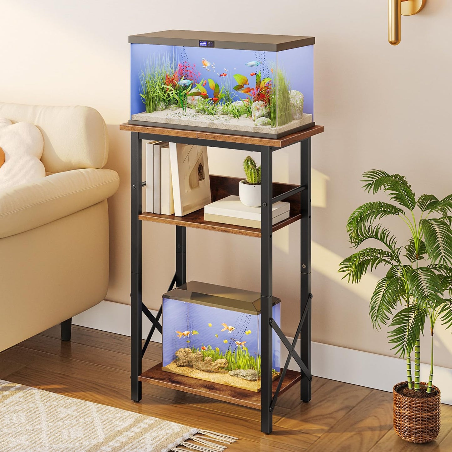 Futuristic fish tank with wooden shelves in a living room setting