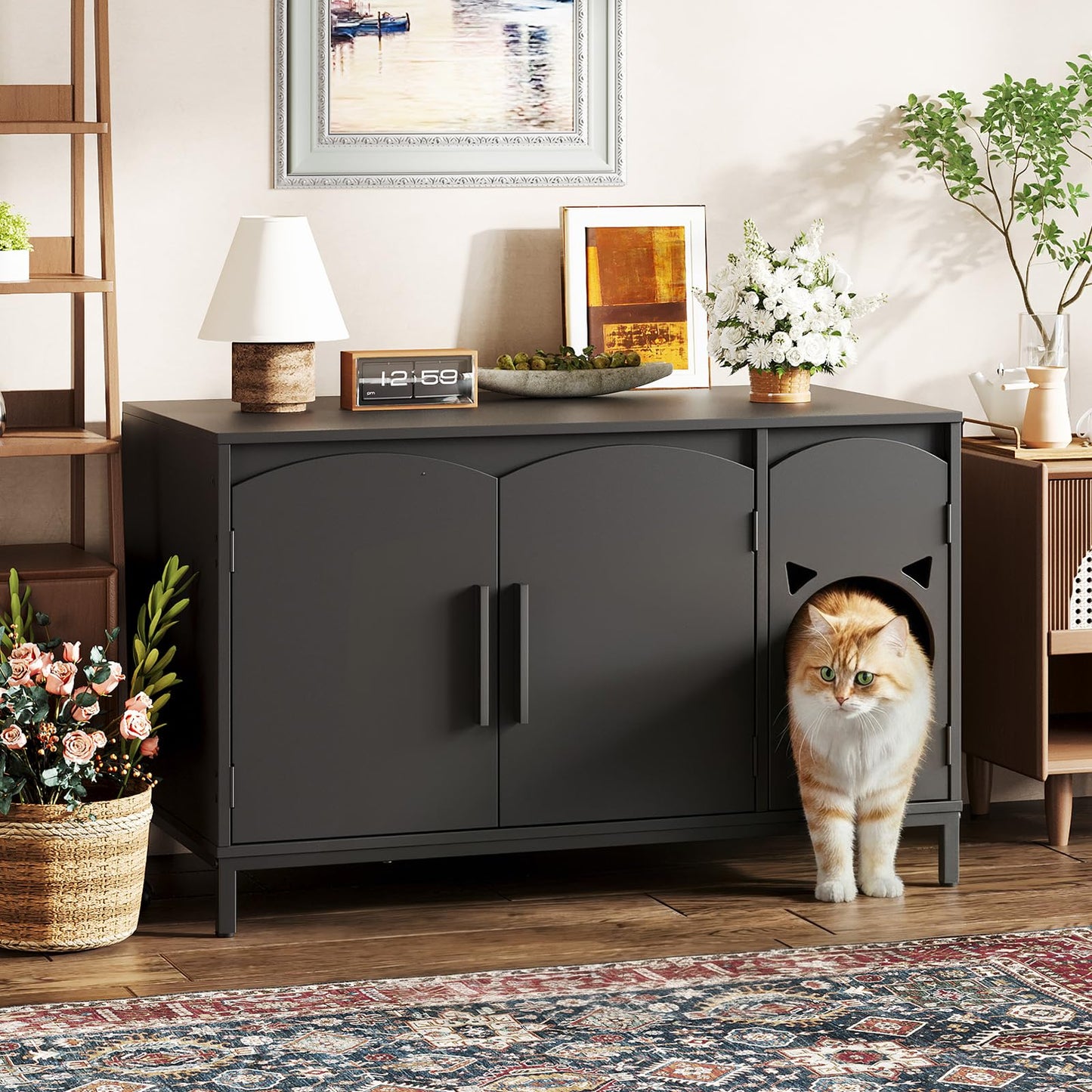 HOOBRO Black Concealed Elegant Arched Door Design Wooden Cat Head Decor Cat Litter Box Storage Cabinet