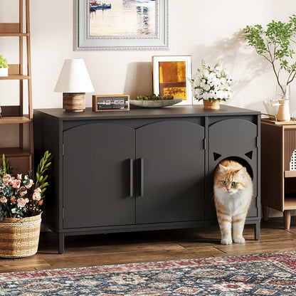 HOOBRO Black Concealed Elegant Arched Door Design Wooden Cat Head Decor Cat Litter Box Storage Cabinet