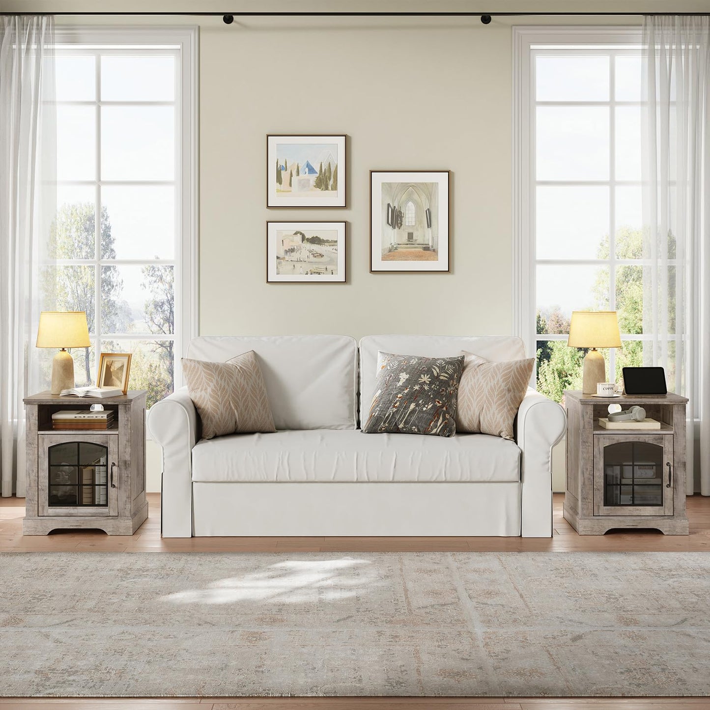 HOOBRO 17.7-inch Greige Wood Farmhouse Style Living Room Side Table with Charging Station