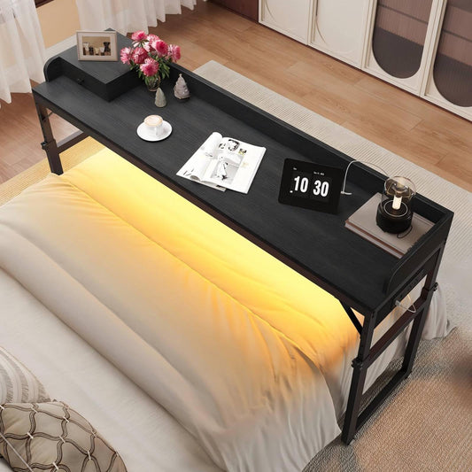 HOOBRO Overbed Table with Wheels, Rolling Table with Outlets & Light Strip for Queen Bed, Mobile Bed Desk & Drawer and Adjustable Height, Giant Computer Desk for Living Room, Black BB180UDDN01