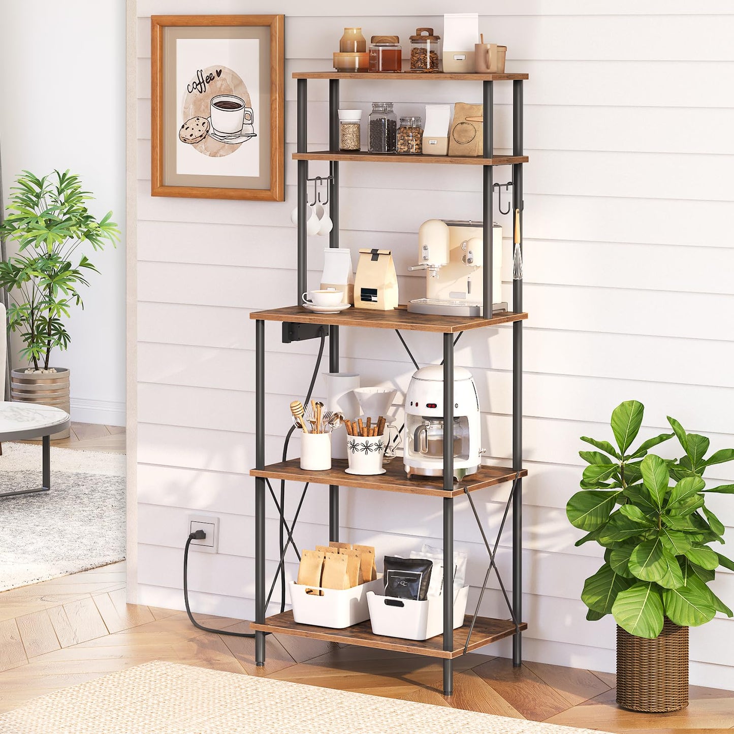 HOOBRO 5-Tier Kitchen Bakers Rack with Power Outlets