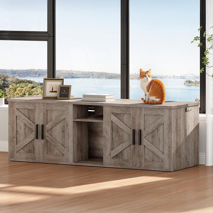 HOOBRO Greige Wooden Double Hidden Litter Box Enclosure with Corridor & Storage Layer & Hooks