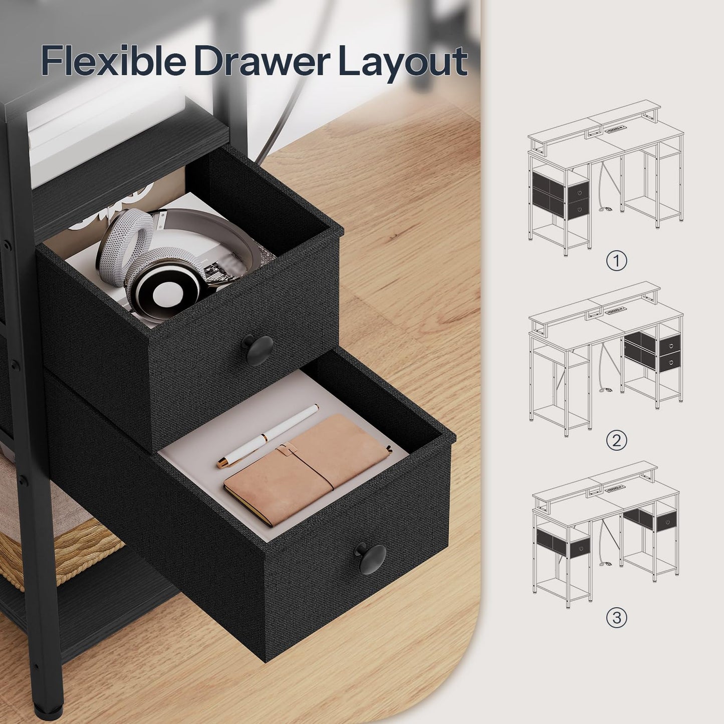 HOOBRO 55-inch Double Drawer Mobile Filing Cabinet and Computer Desk with Power Outlet & LED Light Strip Set & 2 Fabric Drawers