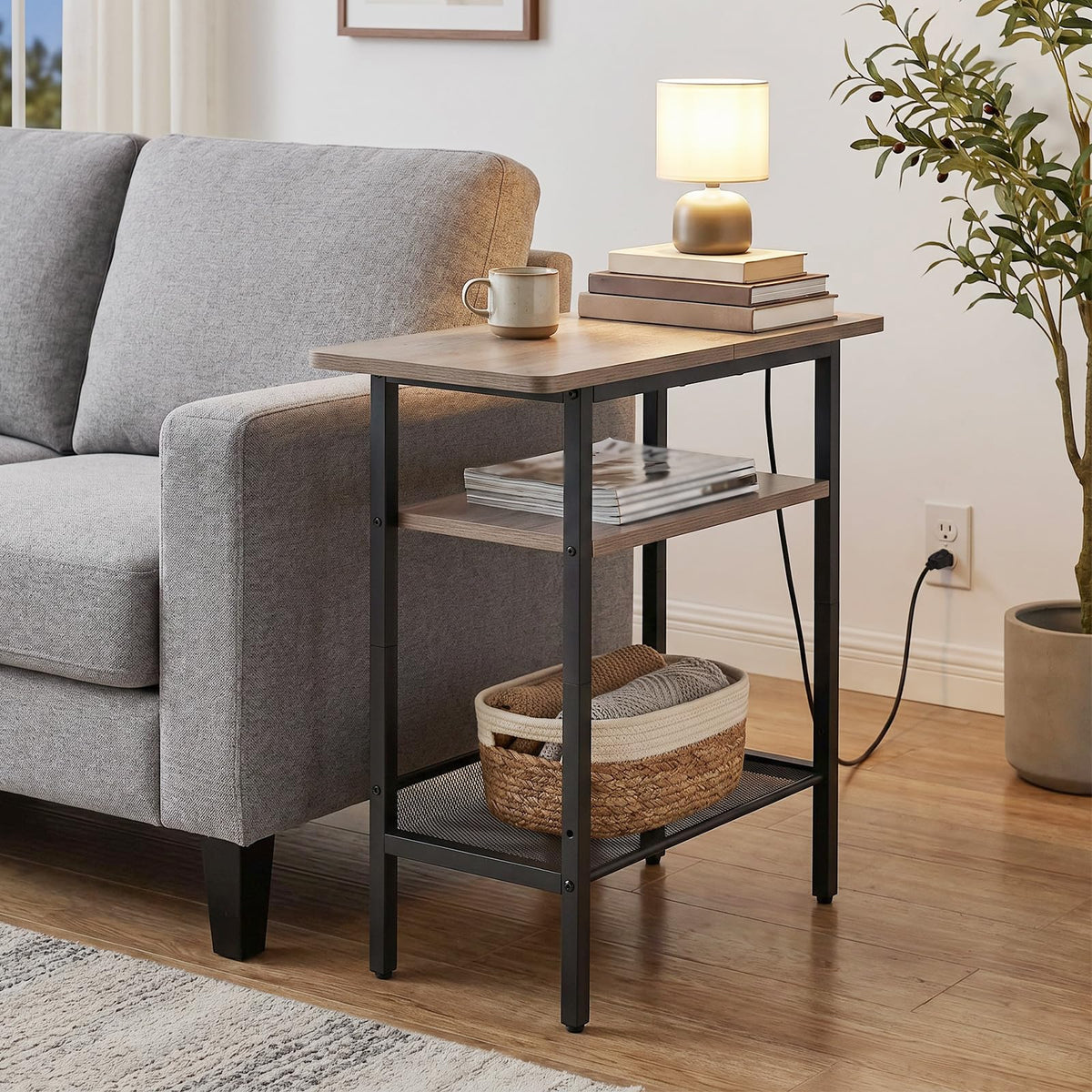 HOOBRO Side Table, Narrow End Table with Shelf, Charging Station, Wide Storage Tabletop, 3-Tier Bedside Tables for for Small Spaces, Living Room, Bedroom, Greige and Black BG366UBZ01