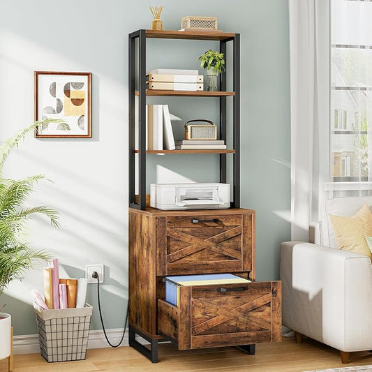 Wooden bookshelf with storage drawers in a living room setting