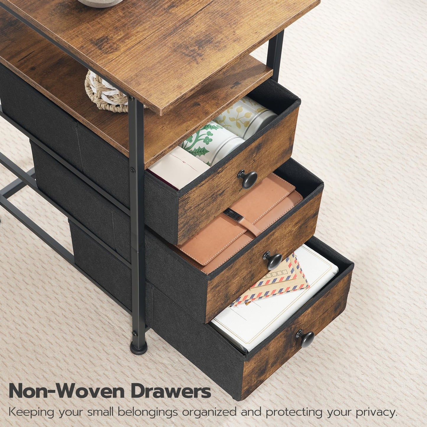 HOOBRO End Table, Narrow Side Table with Charging Station, Nightstand with 3 Non-Woven Fabric Drawers, Bedside Table for Small Spaces, for Living Room, Bedroom, Rustic Brown and Black BF483UBZ01