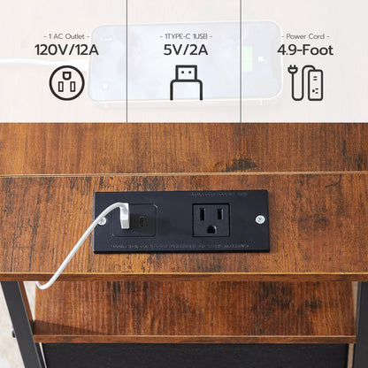 HOOBRO End Table with Charging Station, Narrow Side Table, Nightstand with 2 Non-Woven Drawers, Slim Sofa Side Table, for Small Spaces, Living Room, Bedroom, Rustic Brown and Black BF486UBZ01