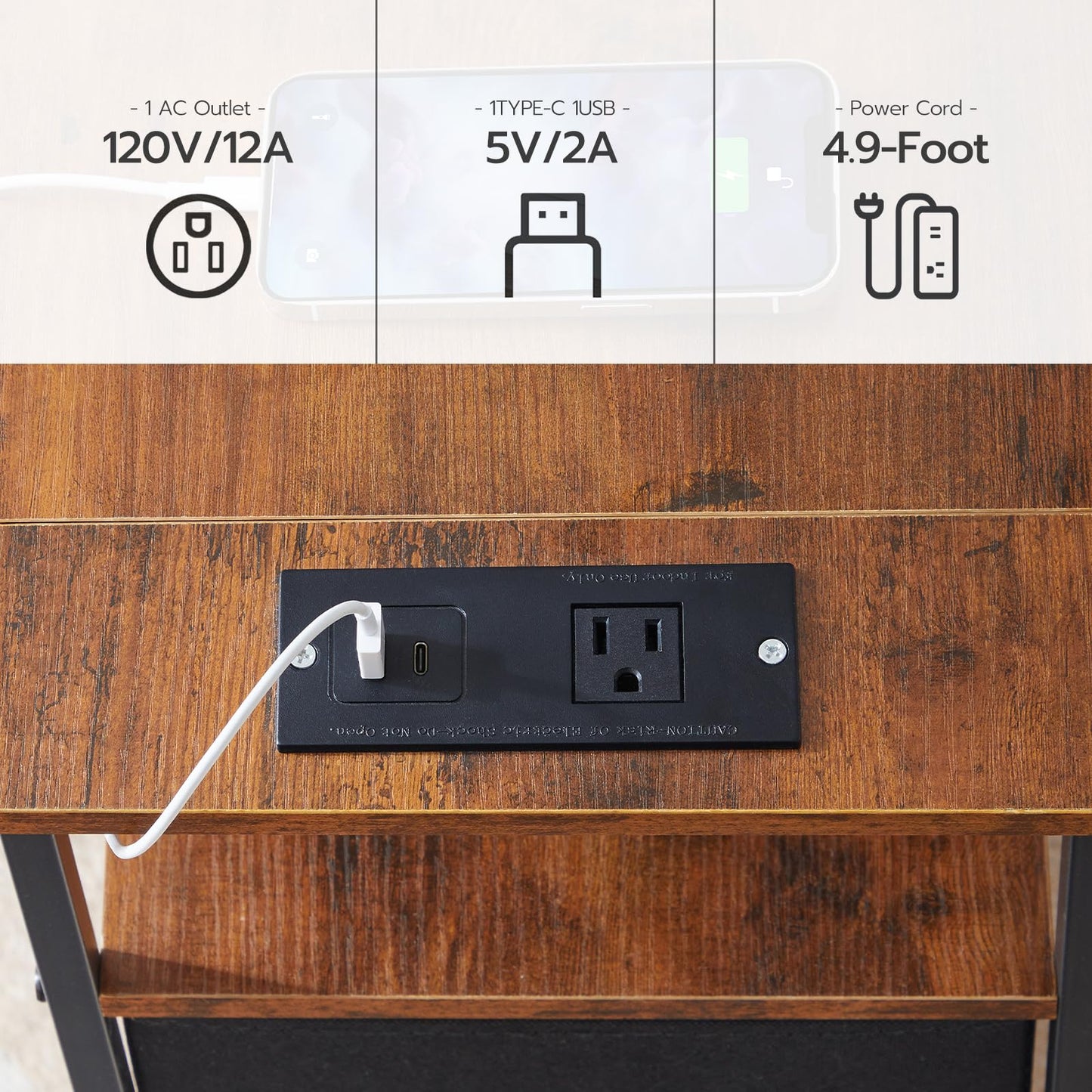 HOOBRO End Table, Narrow Side Table with Charging Station, Nightstand with 3 Non-Woven Fabric Drawers, Bedside Table for Small Spaces, for Living Room, Bedroom, Rustic Brown and Black BF483UBZ01