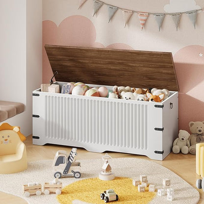 White toy storage box filled with toys in a child's room with pink walls and decorative flags.