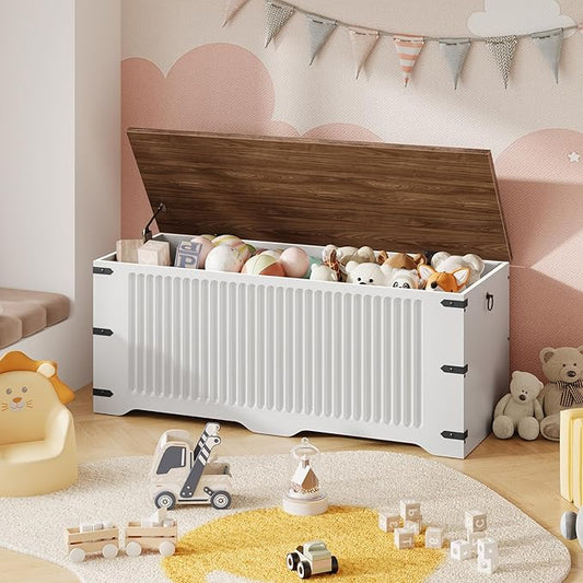 White toy storage box filled with toys in a child's room with pink walls and decorative flags.