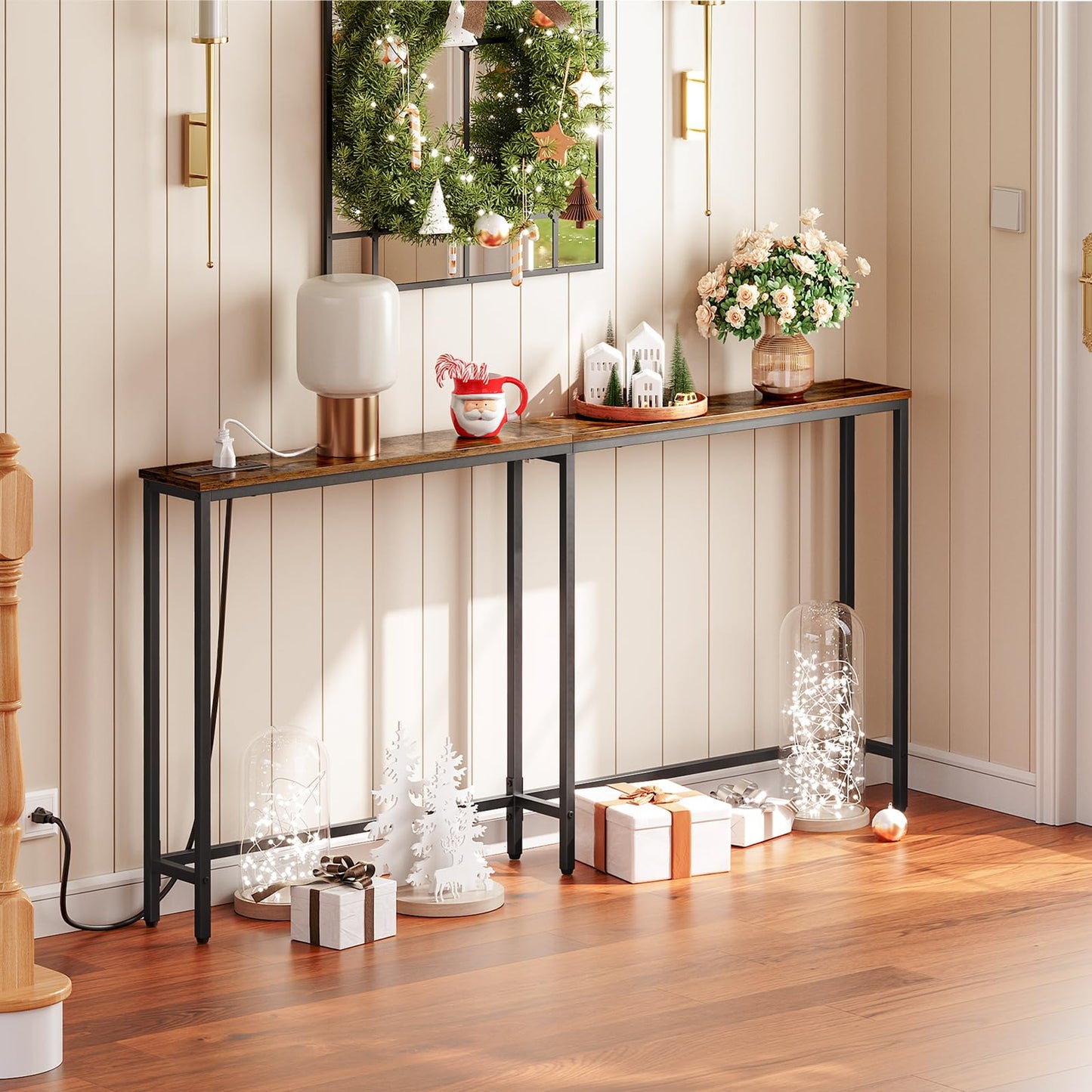 HOOBRO Brown 63-inch Narrow Console Table with Charging Station & 2 Power Outlets & USB Port