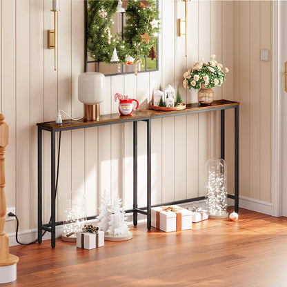 HOOBRO Brown 63-inch Narrow Console Table with Charging Station & 2 Power Outlets & USB Port