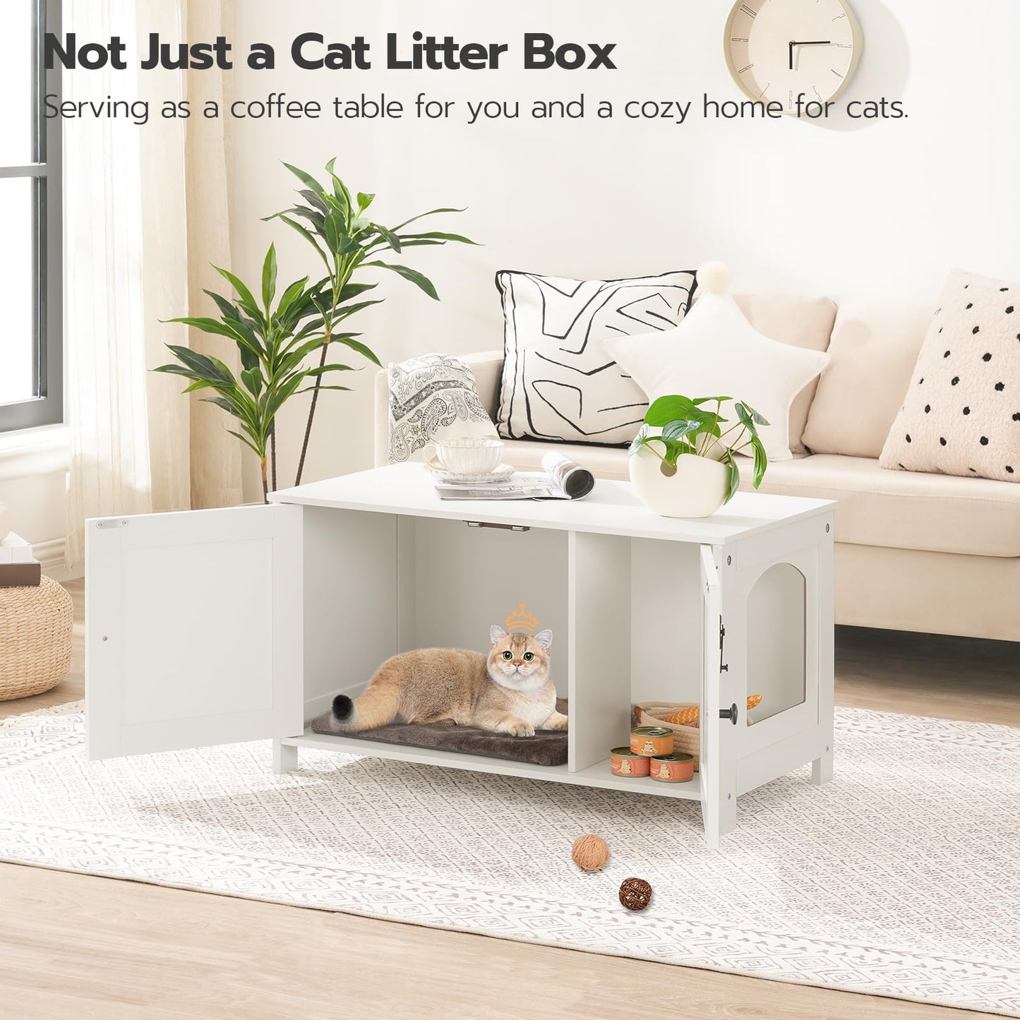 HOOBRO White Large Concealed Litter Box Enclosure with Removable Divider
