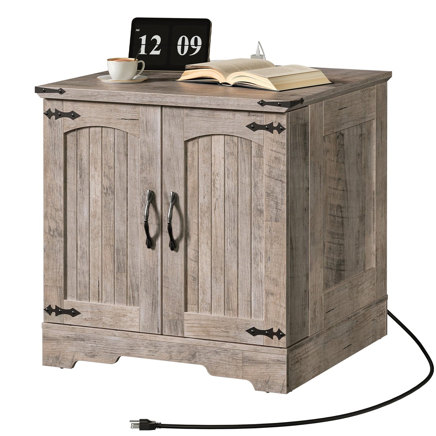 HOOBRO Farmhouse End Table & Nightstand with Charging Station for Bedroom