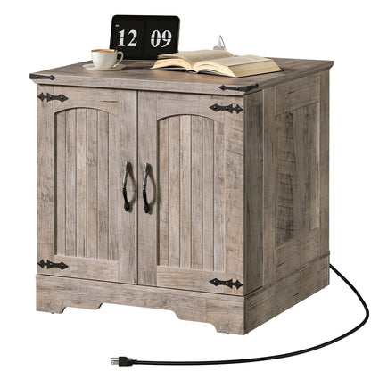 HOOBRO Farmhouse End Table & Nightstand with Charging Station for Bedroom