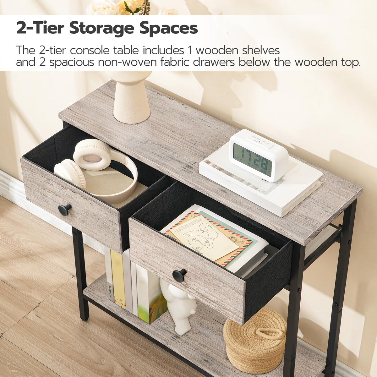 HOOBRO 29.5" Narrow Console Table with 2 Fabric Drawers, Entryway Table