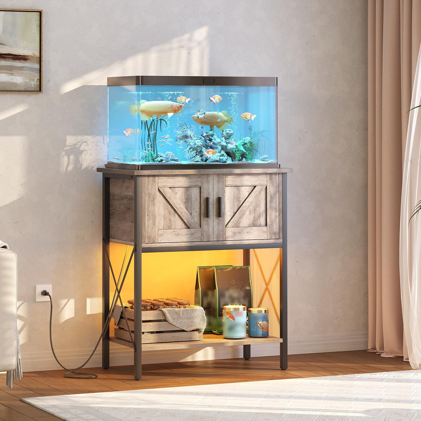Fish tank with wooden stand in a room setting