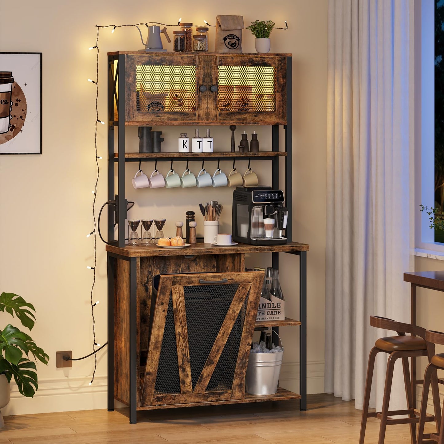 HOOBRO 6-Tier Microwave Baking Rack with Trash Can Cabinet & LED Strip & Outlet