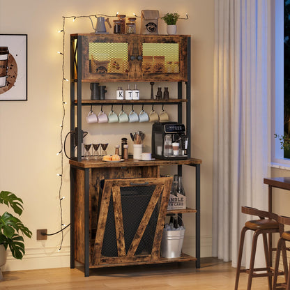 HOOBRO 6-Tier Microwave Baking Rack with Trash Can Cabinet & LED Strip & Outlet