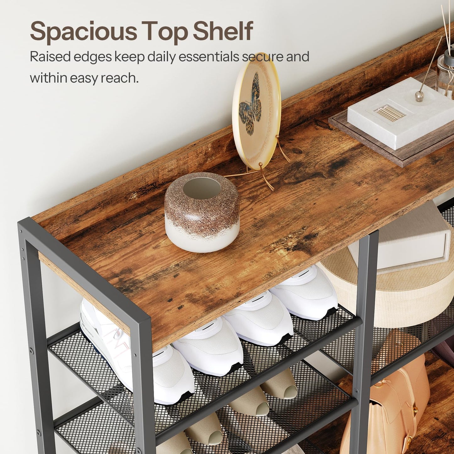Wooden shelf with shoes and decor items, featuring text about spacious top shelf.