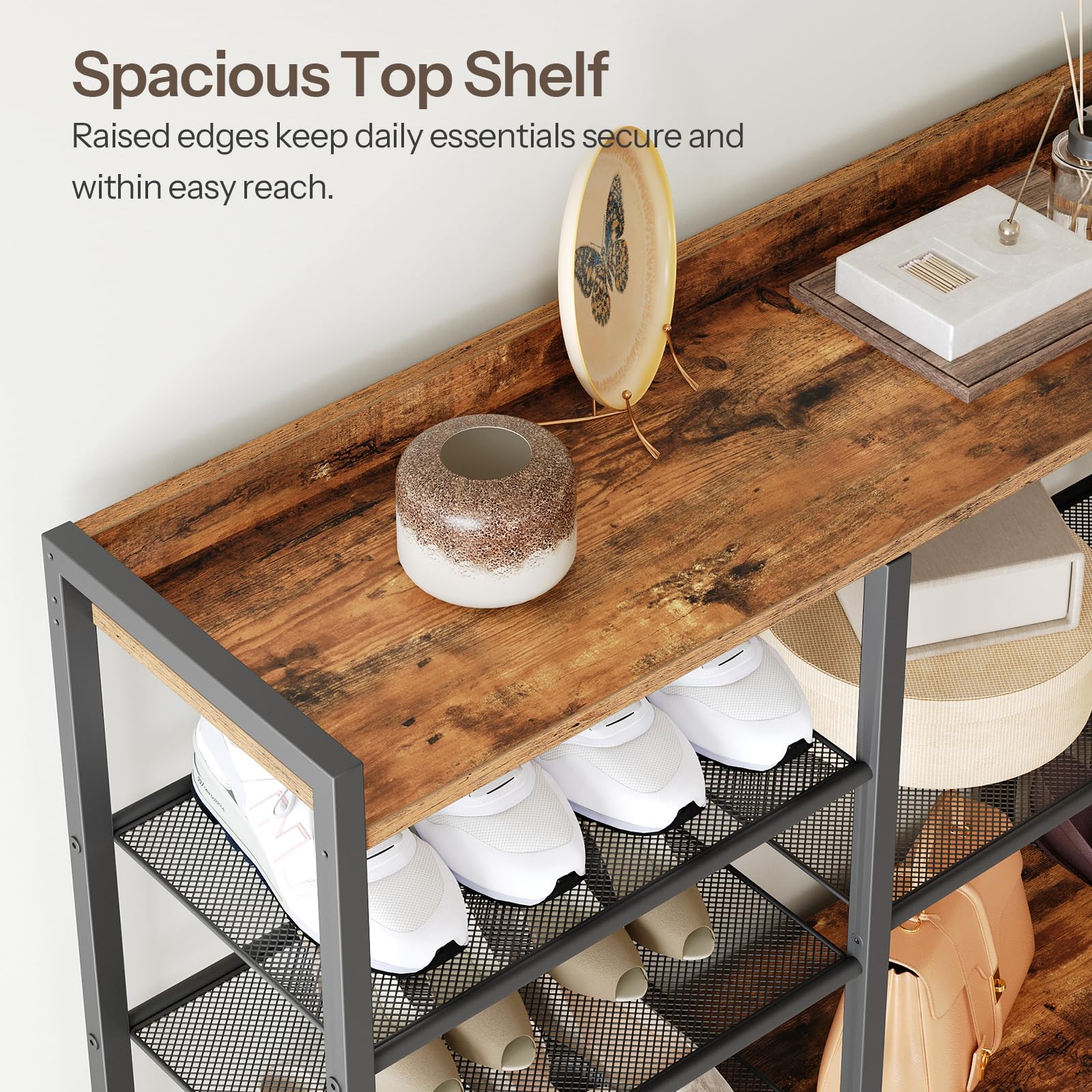 Wooden shelf with shoes and decor items, featuring text about spacious top shelf.