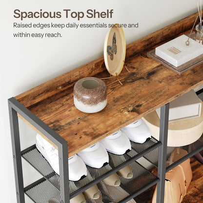 Wooden shelf with shoes and decor items, featuring text about spacious top shelf.