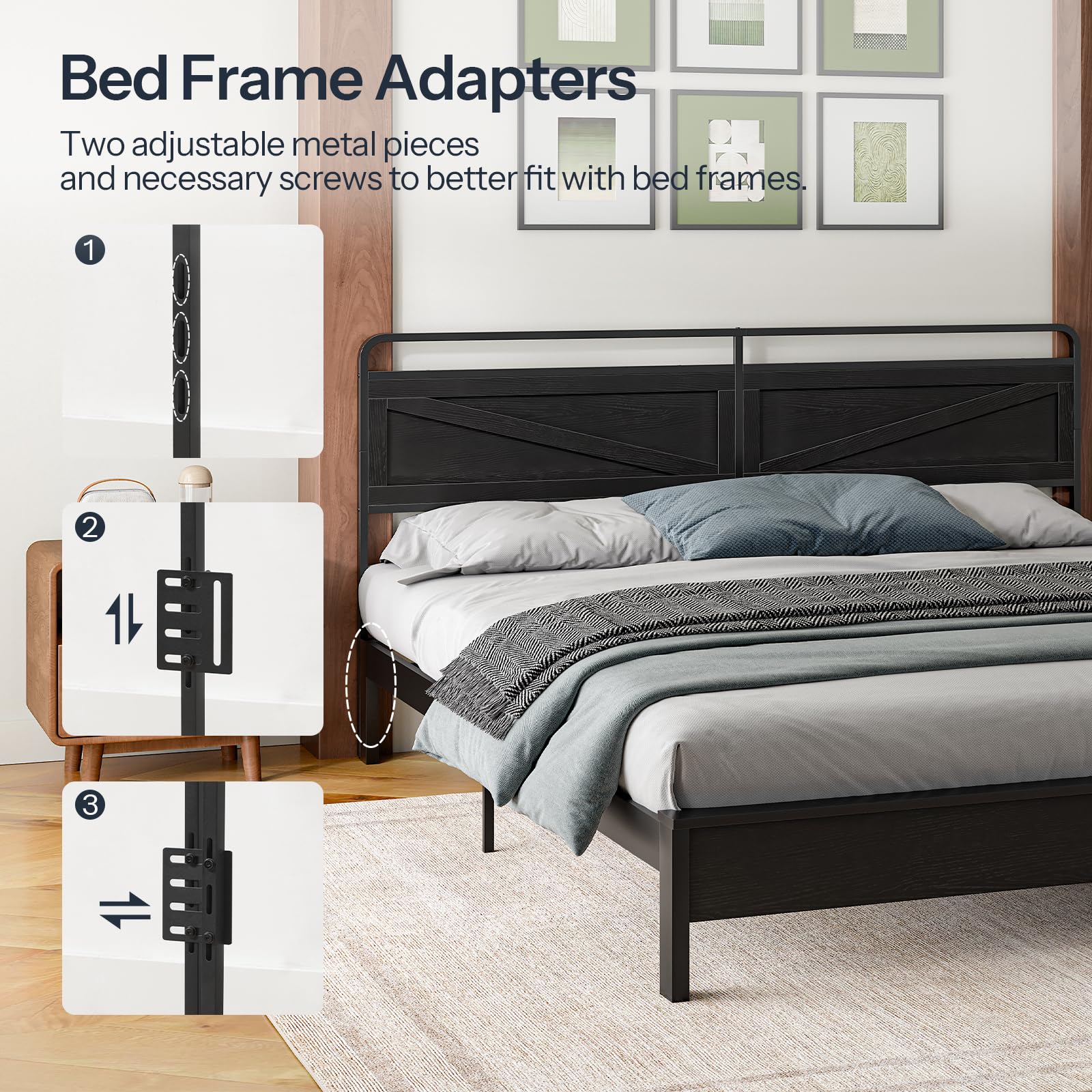 Bed frame adapters with a bed in a room setting