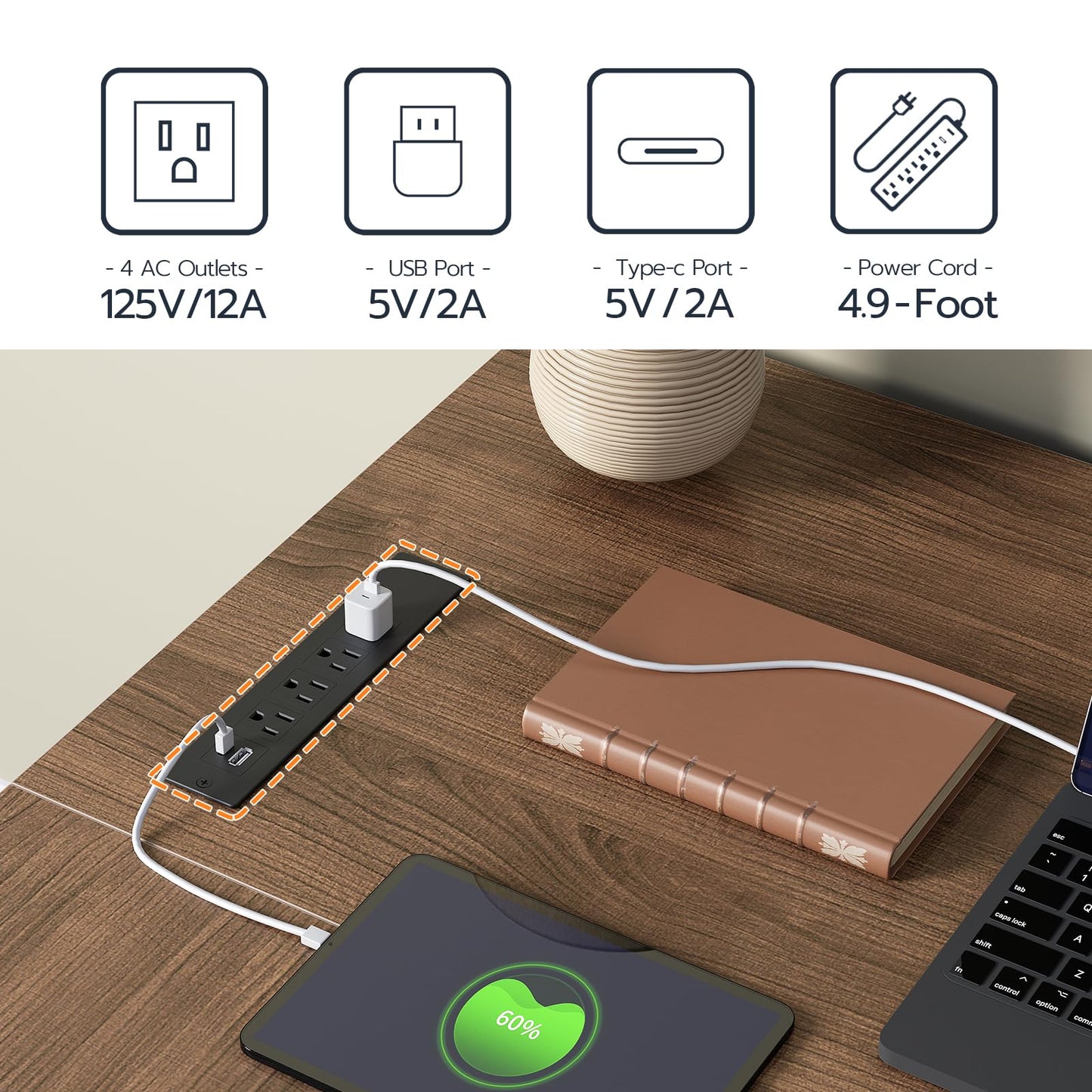 Power strip with multiple outlets and ports on a wooden desk