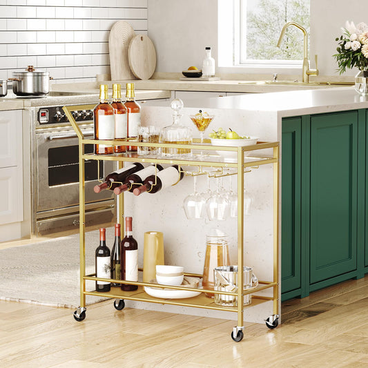 HOOBRO Movable Bar Cart with Wine Rack & Glass Holder & Guardrail