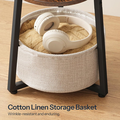 HOOBRO Retro Brown Small Round Side Table with Charging Station & Storage Basket