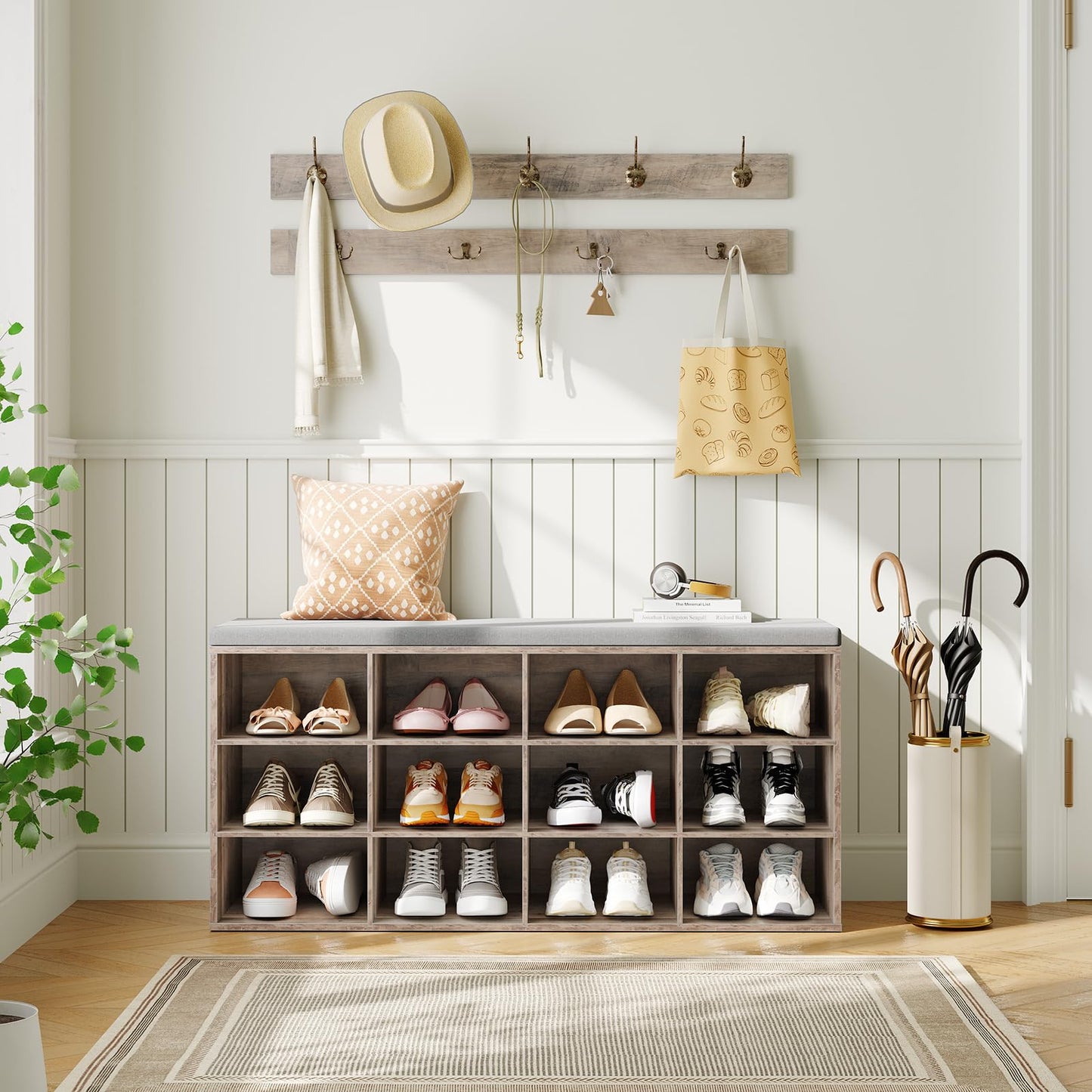 HOOBRO Grey 39.4-inch Long Padded Shoe Bench