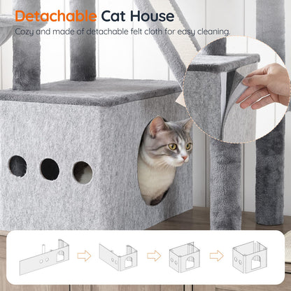 HOOBRO Greige Double-Layer Concealed Integrated Litter Box Enclosure with Cat Tree & Hammock & Sisal Post