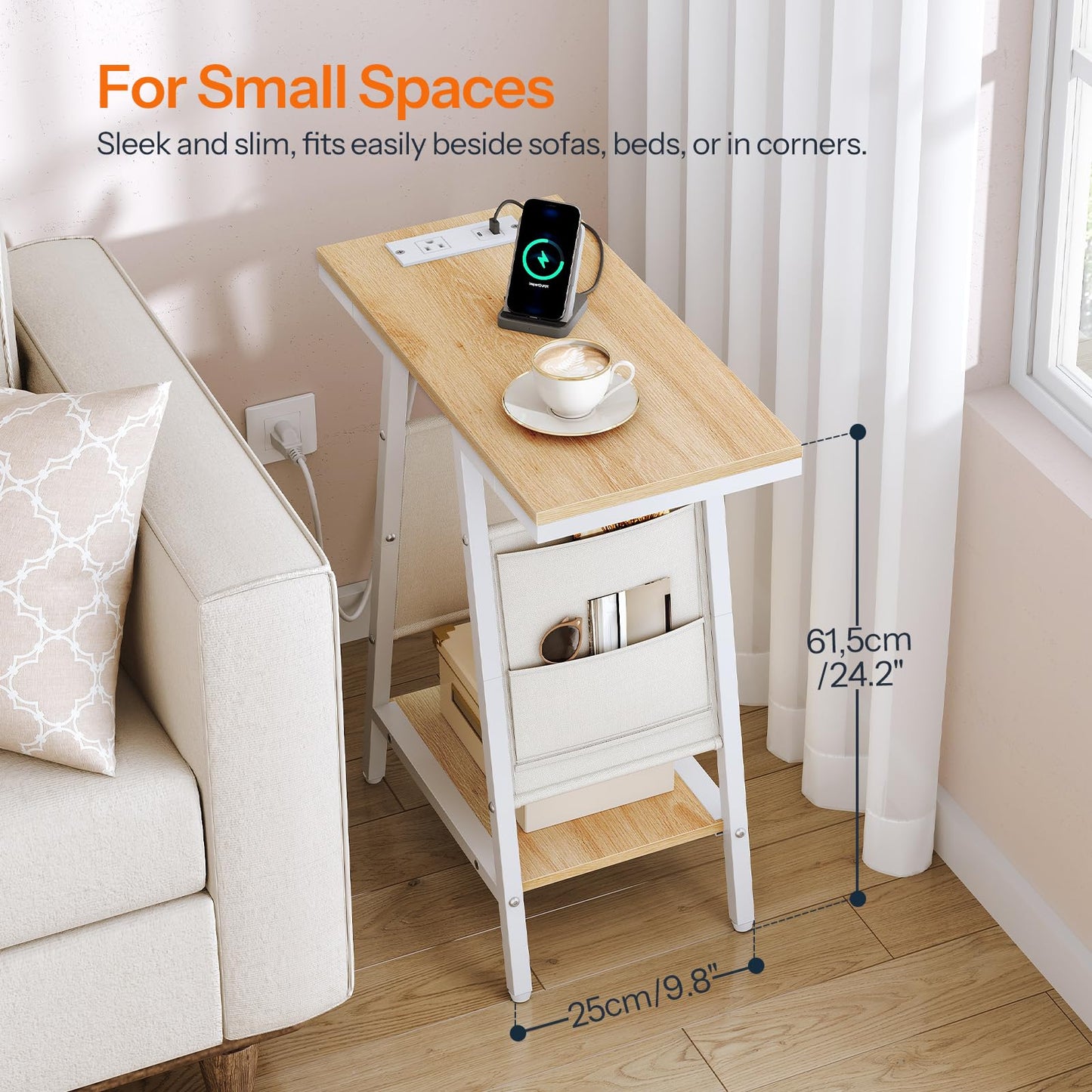 HOOBRO End Table, Skinny Side Table with Storage, Narrow Nightstand with Storage, Fabric Pockets, Narrow End Table for Small Spaces, Living Room, Bedroom, White and Natural WN426UBZ01