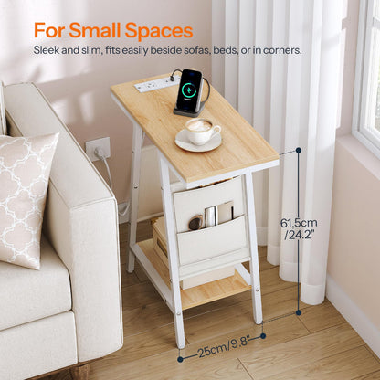 HOOBRO End Table, Skinny Side Table with Storage, Narrow Nightstand with Storage, Fabric Pockets, Narrow End Table for Small Spaces, Living Room, Bedroom, White and Natural WN426UBZ01