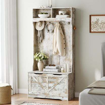HOOBRO Vintage White Bench with Flip-Top Shoe Cabinet & Coat Rack for Entryways