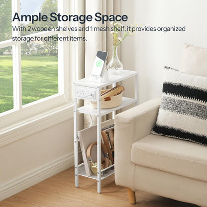 HOOBRO Small Narrow Side Table with Charging Station, Skinny End Table for Small Spaces, Slim Nightstand with USB Ports Outlet, Sofa Beside Table with Storage Shelf, White WT102UBZ01
