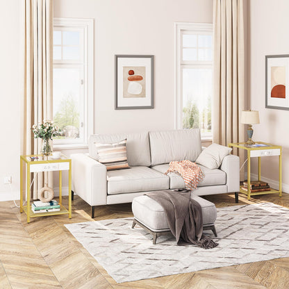 HOOBRO Gold Modern Metal Frame Tempered Glass Desktop Side Table with USB Port & Charging Station / 2PICS