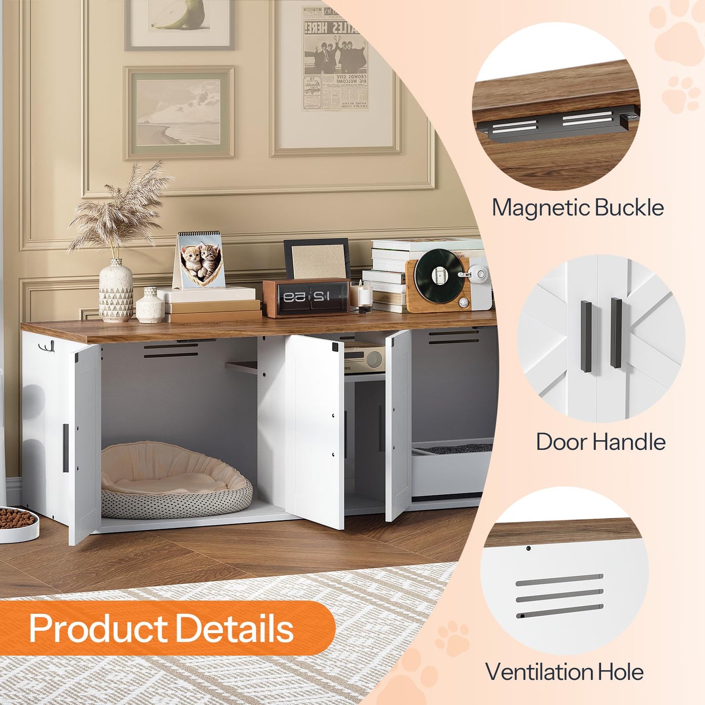 HOOBRO White Double-Layer Concealed Litter Box Cabinet with Aisle & Storage Shelves & Hooks