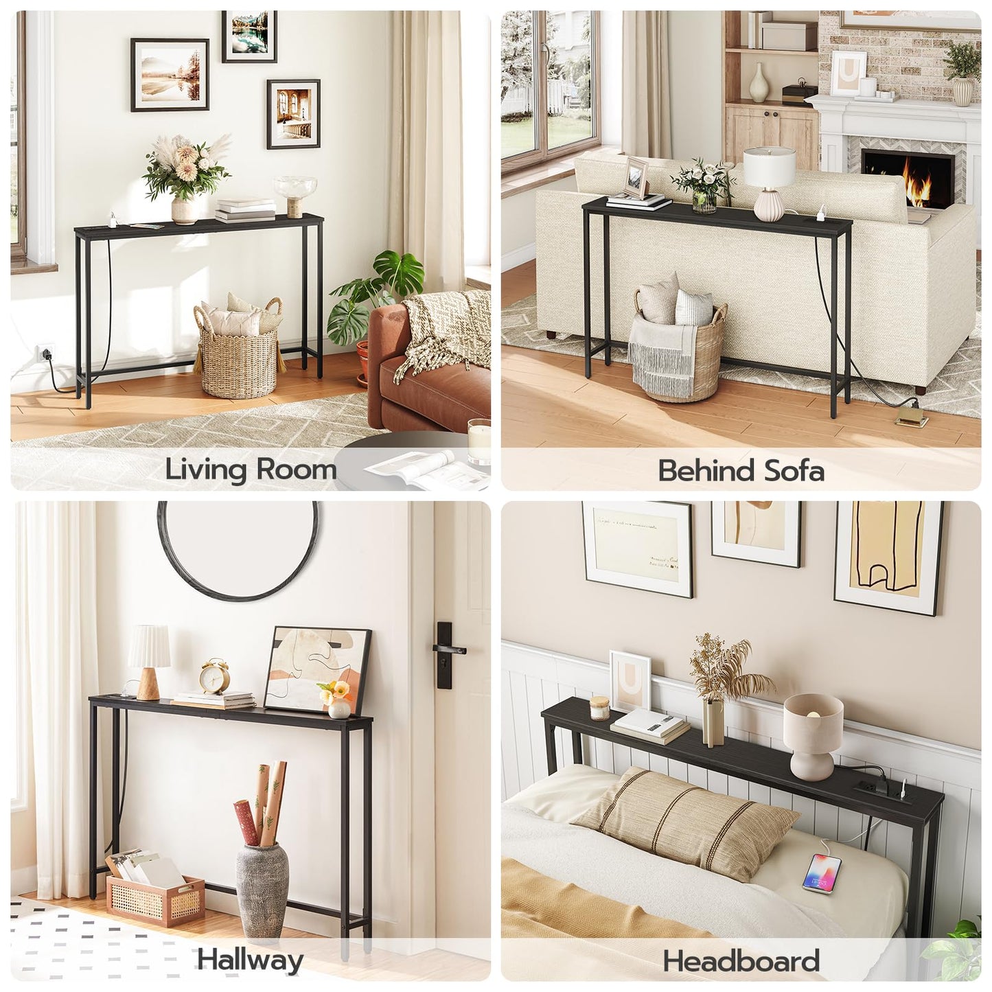 HOOBRO  Black 47.2" Skinny Console Table with Power Outlets