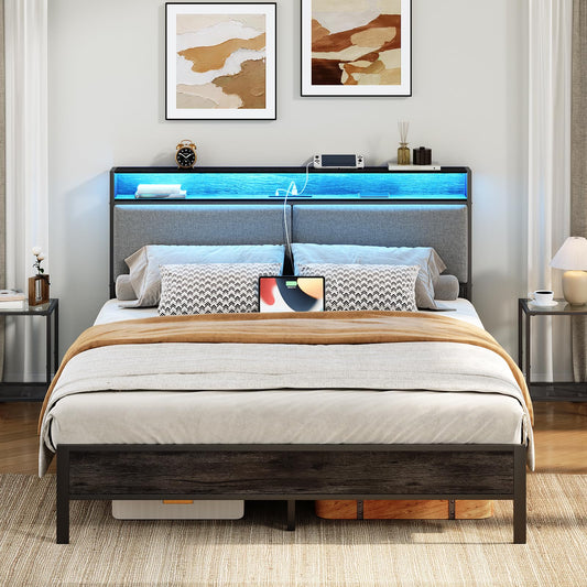 HOOBRO Full Metal Bed Frame with Storage Headboard & LED Lights