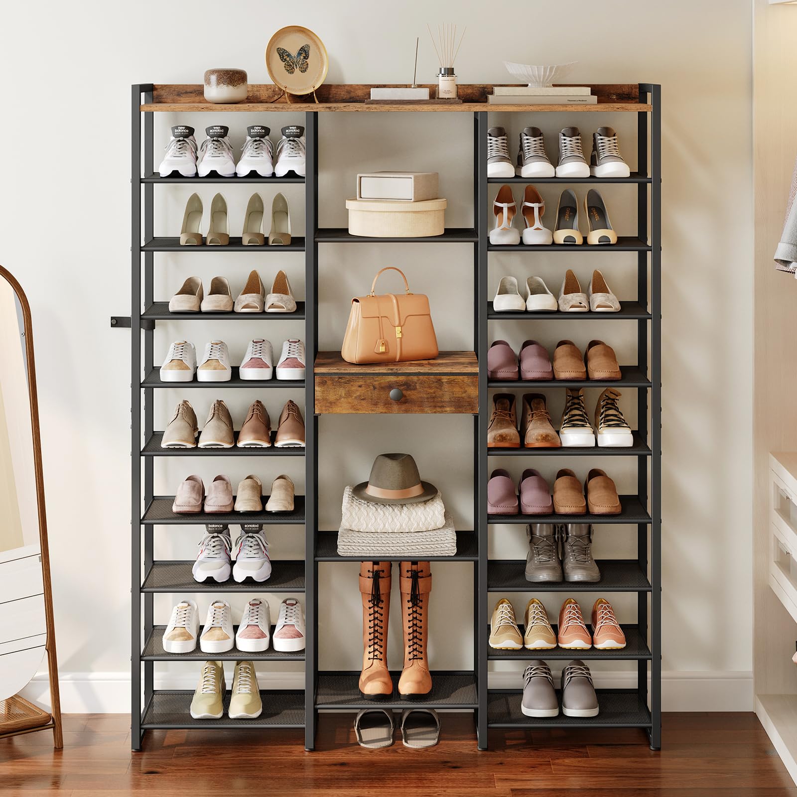 Shoe rack with various shoes and a handbag on wooden shelves.