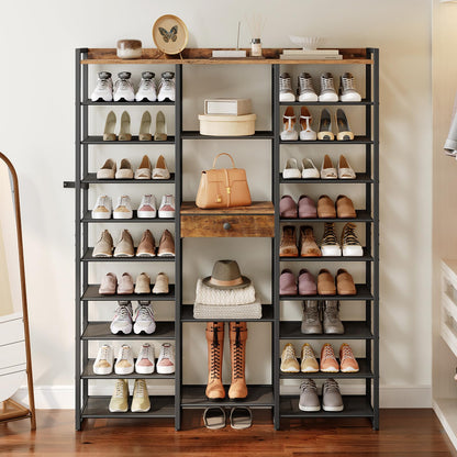 Shoe rack with various shoes and a handbag on wooden shelves.