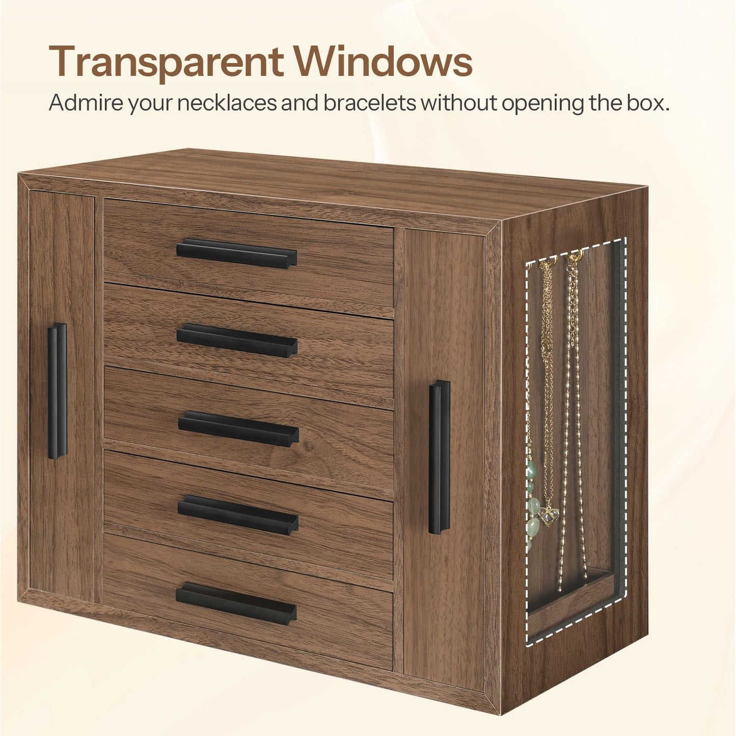 Wooden jewelry box with transparent window for displaying necklaces and bracelets