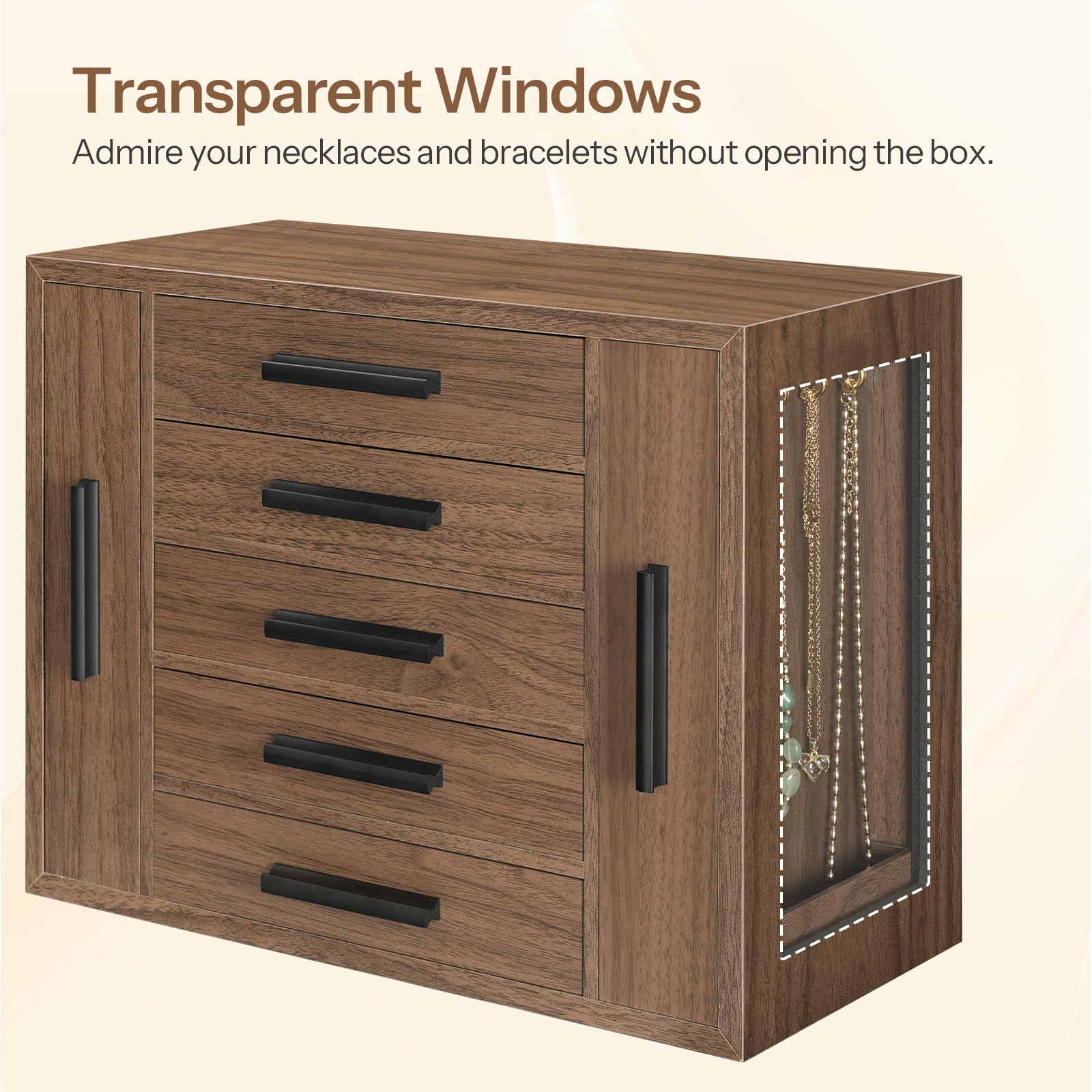 Wooden jewelry box with transparent window for displaying necklaces and bracelets
