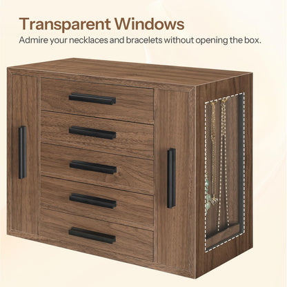 Wooden jewelry box with transparent window for displaying necklaces and bracelets