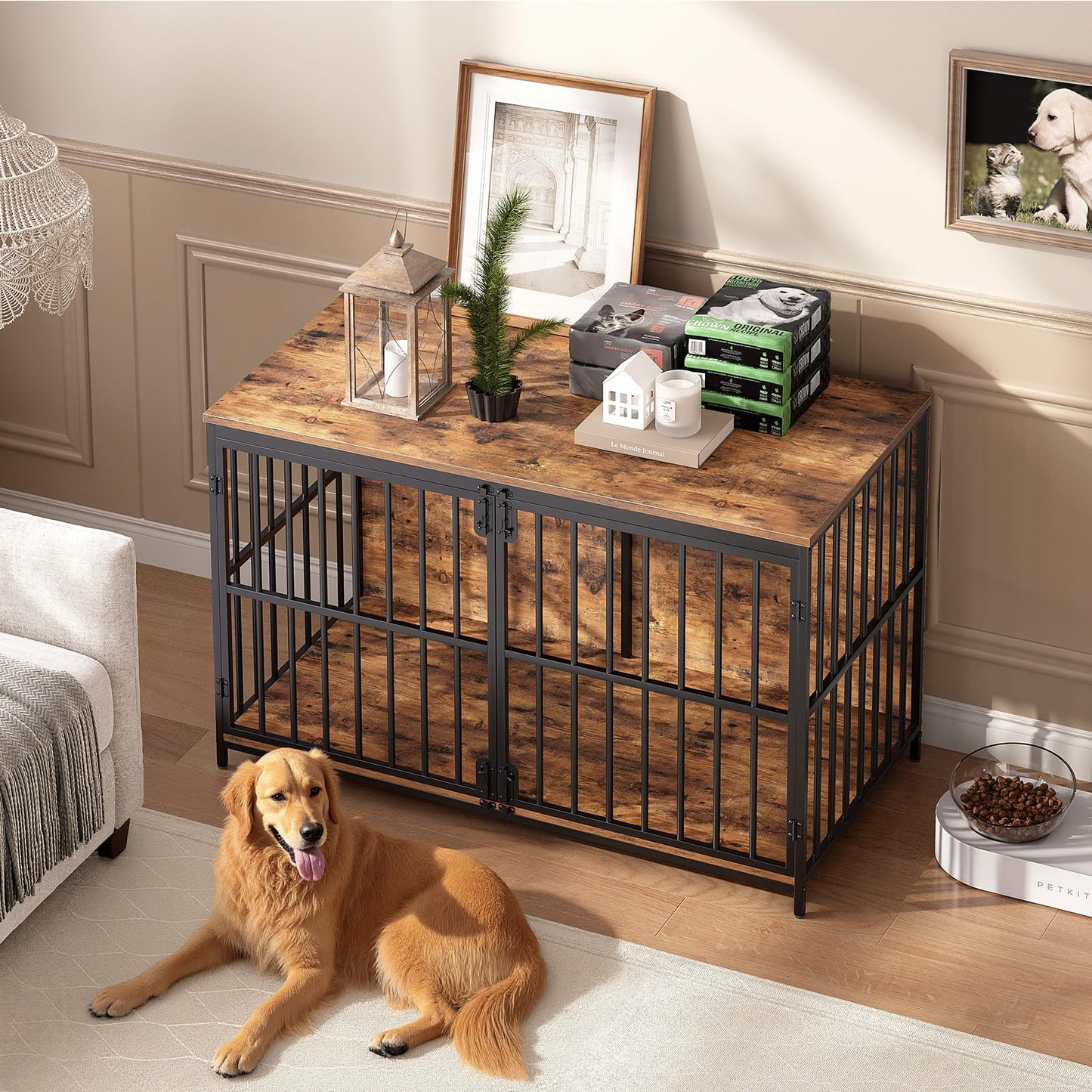 HOOBRO Vintage Brown 46.5-inch Wooden Large Dog Cage with Decorative Side Table