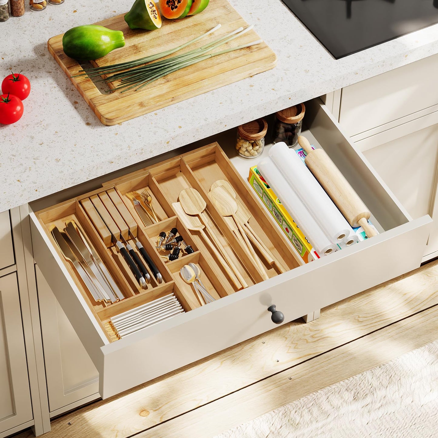 HO0BRO Bamboo 16-Compartment Magnetic Expandable Large Cutlery Drawer Organizer with Knife Holder