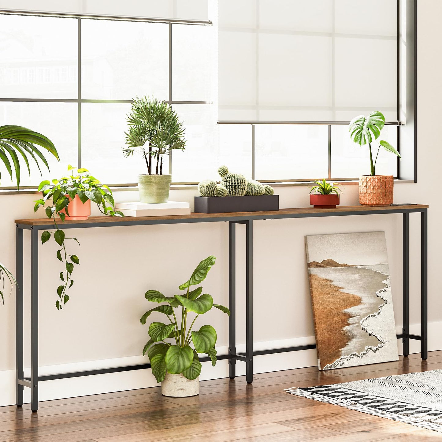 HOOBRO Retro Brown 78.7-inch Narrow Console Table with Charging Station & 2 Power Outlets & USB Port