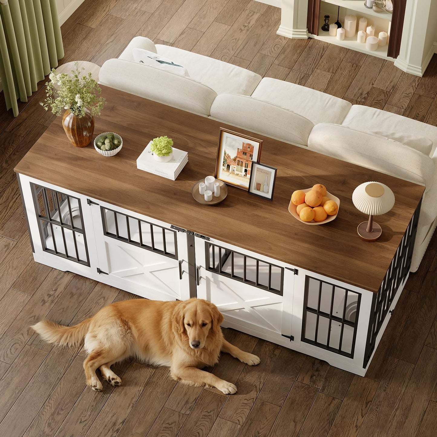 HOOBRO 71.9-inch Farmhouse Style Double Dog Cage Furniture with Removable Divider